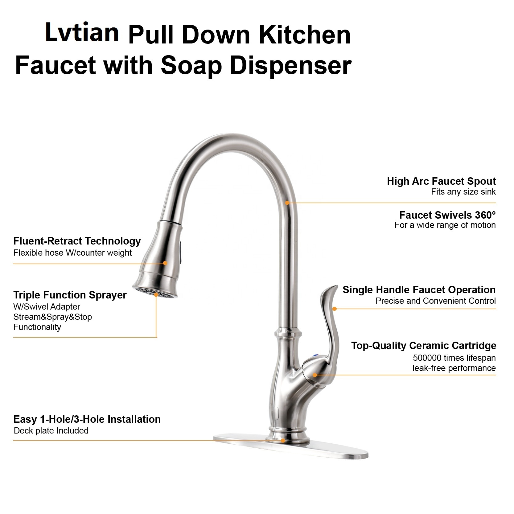 Lvtian Wasserhahn Edelstahl Küchenarmatur mit herunterziehbarem flexiblem Schlauch für die Küche