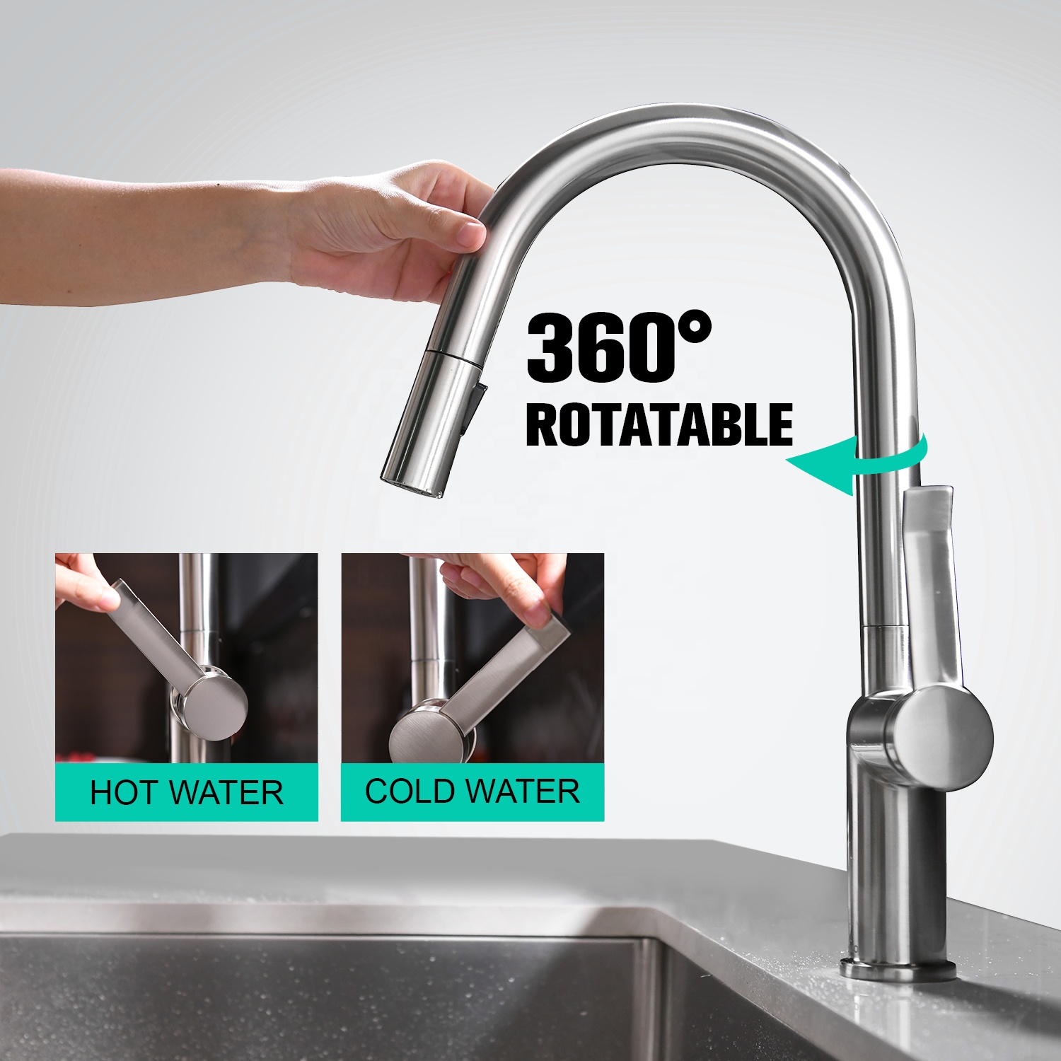 Professionelle Küchenarmatur Heiß- und Kaltzug-Edelstahl-Wasserhahn Ausziehbarer Küchenarmatur
