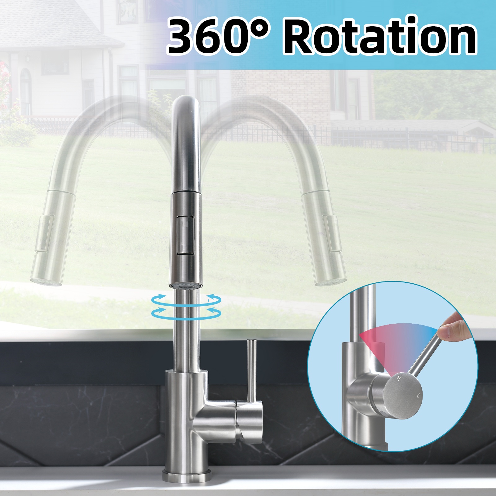 Wasserhahn Waschbecken Küche Messing gebürstet Küchenarmatur 304 Edelstahl Küchenarmatur