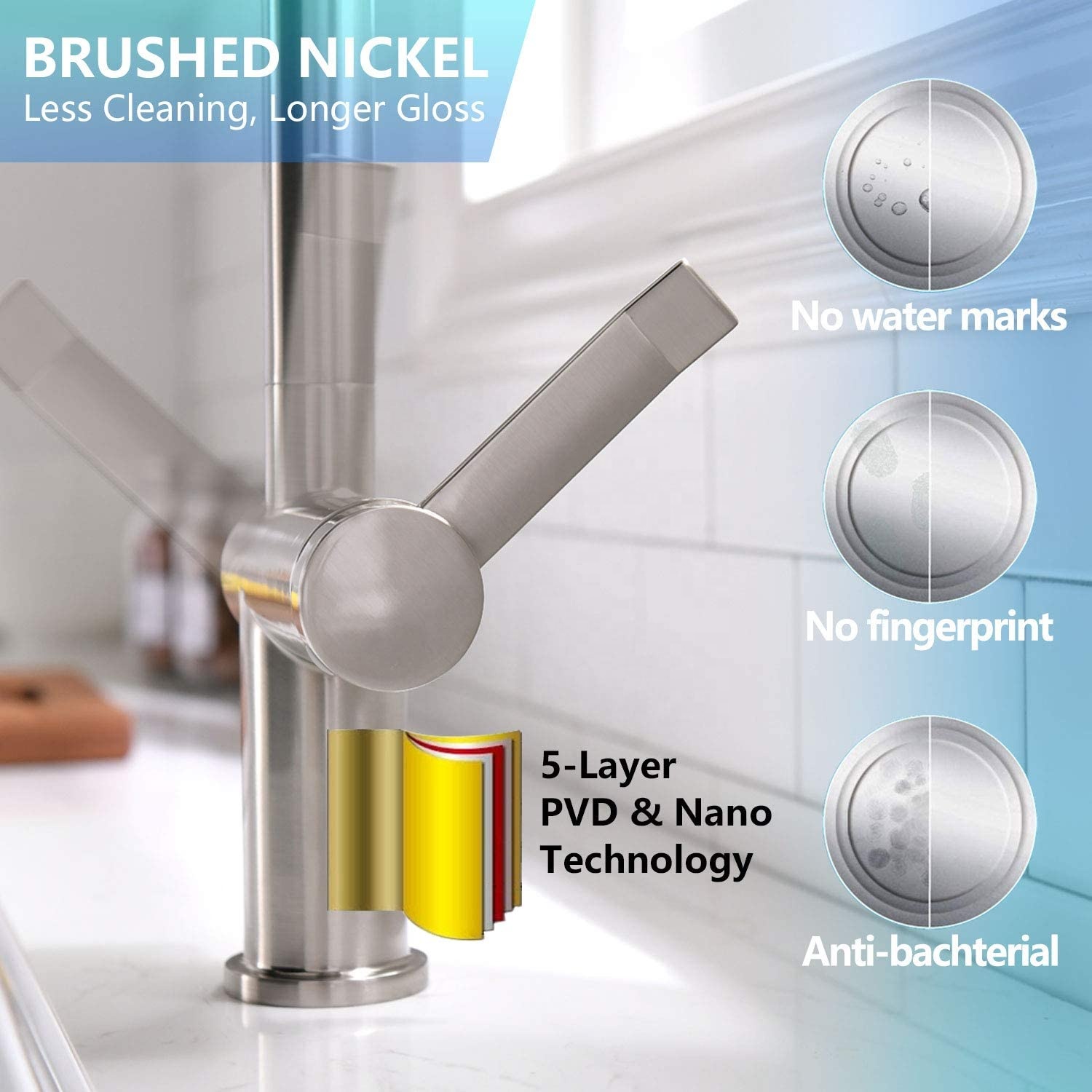 Neues Design, günstiger Preis, moderner Stil, 2 Funktionen, gebürstetes Nickel, Feder-Küchenarmatur zum Herunterziehen
