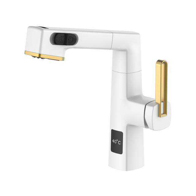  Temperaturanzeige, einzigartiges Design, Weiß und Gold, ausziehbarer Badezimmerhahn, höhenverstellbar